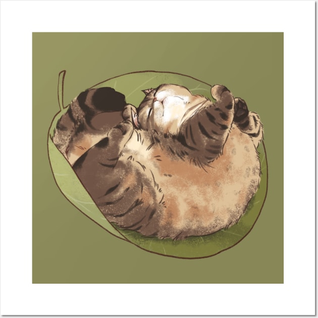 Tabby cat sleep in a leaf Wall Art by MinranZhang